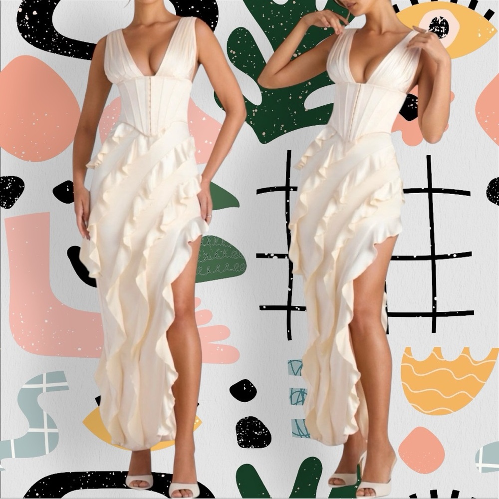 Oh Polly | Ambrosia Ruffle Trim Plunge Neck Corset Maxi Dress with Side Slit